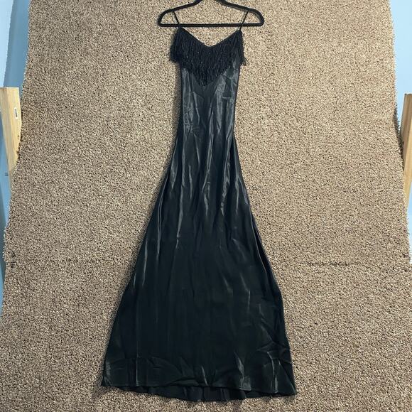 Vintage Fringe Maxi Dress Womens Small Sleeveless Satin Button Back Gown 90s - Picture 1 of 6